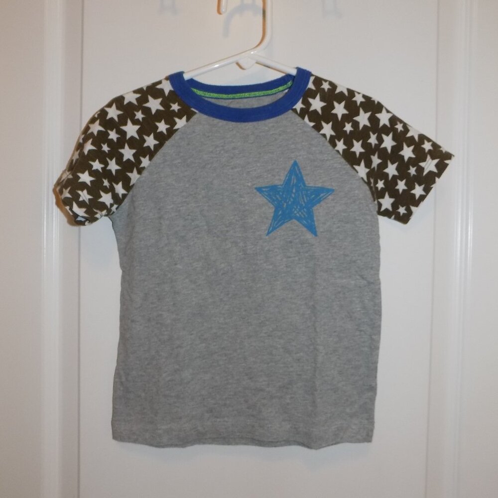 MINI BODEN Boys 3-4 Gray S/S TShirt Brown Star Sleeves Blue Ringer